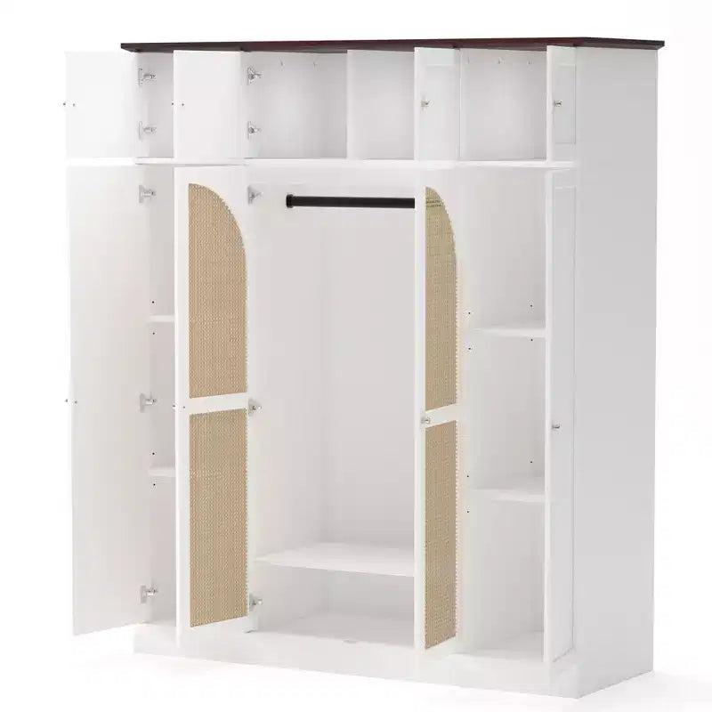 Armario ropero alto de 70,87 pulgadas con 8 puertas y gran capacidad, barra para colgar, estantes ajustables y puertas decorativas de ratán