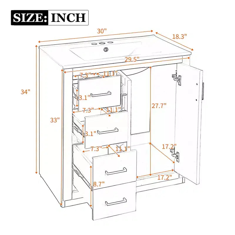 30-Zoll-Badezimmer-Waschtisch mit einem Waschbecken, Schrank und 3 Schubladen – Schwarz / Blau / Grün / Indigo / Weiß