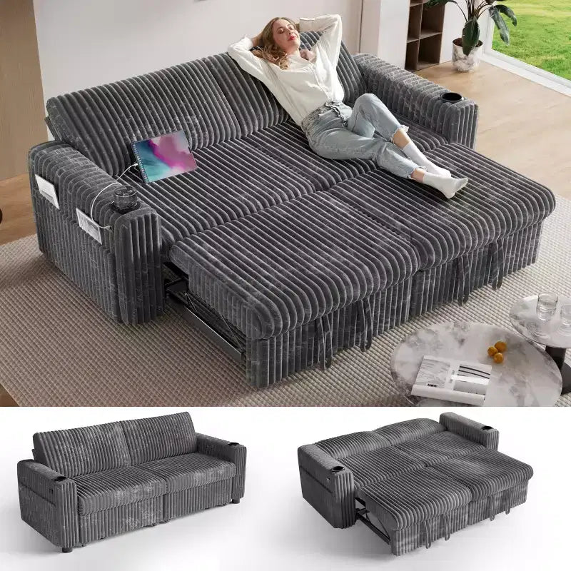 Dyonery 91 Eckschlafsofa mit ausziehbarem Bett, verstellbarer Rückenlehne, zwei ausziehbaren Betten, USB-Anschlüssen und Getränkehaltern, weicher Cordbezug