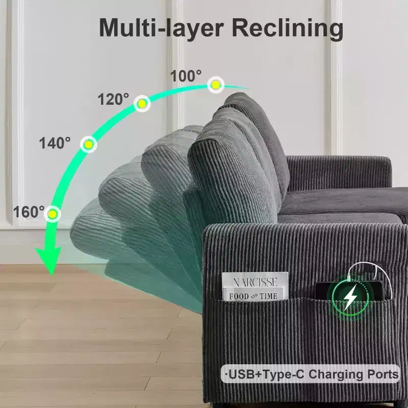 Sofá cama extraíble 2 en 1 Dyonery con chaise longue con almacenamiento, sofá seccional de pana C con puertos USB para sala de estar