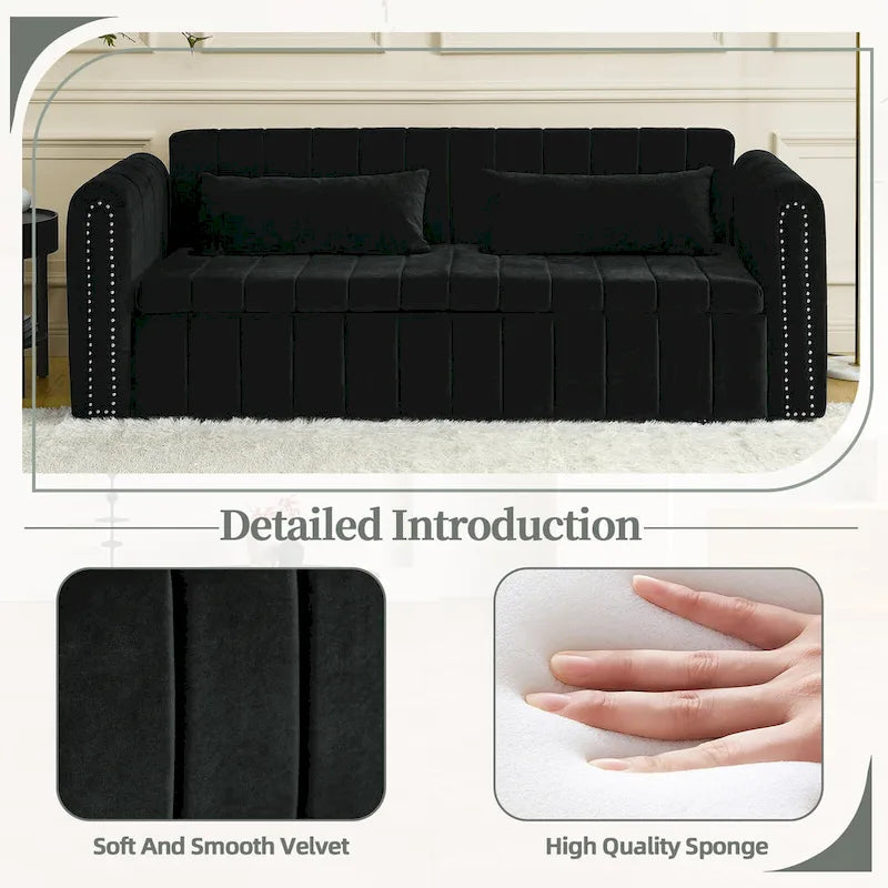Aksamitna tapicerowana nowoczesna sofa wypoczynkowa z funkcją spania, rozkładana, z podłokietnikami w kształcie wałków i ozdobiona miedzianymi ćwiekami