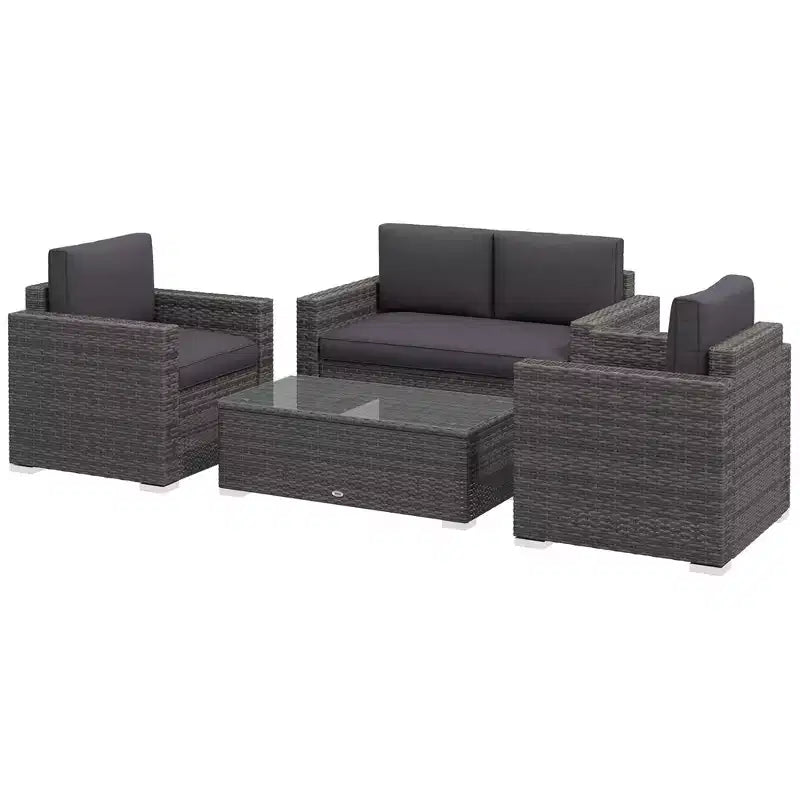 4-teiliges Rattan-Sofaset, Korbsofaset für die Terrasse mit Zweiersofa, Sesseln und Couchtisch mit Glasplatte für Garten und Außenbereich