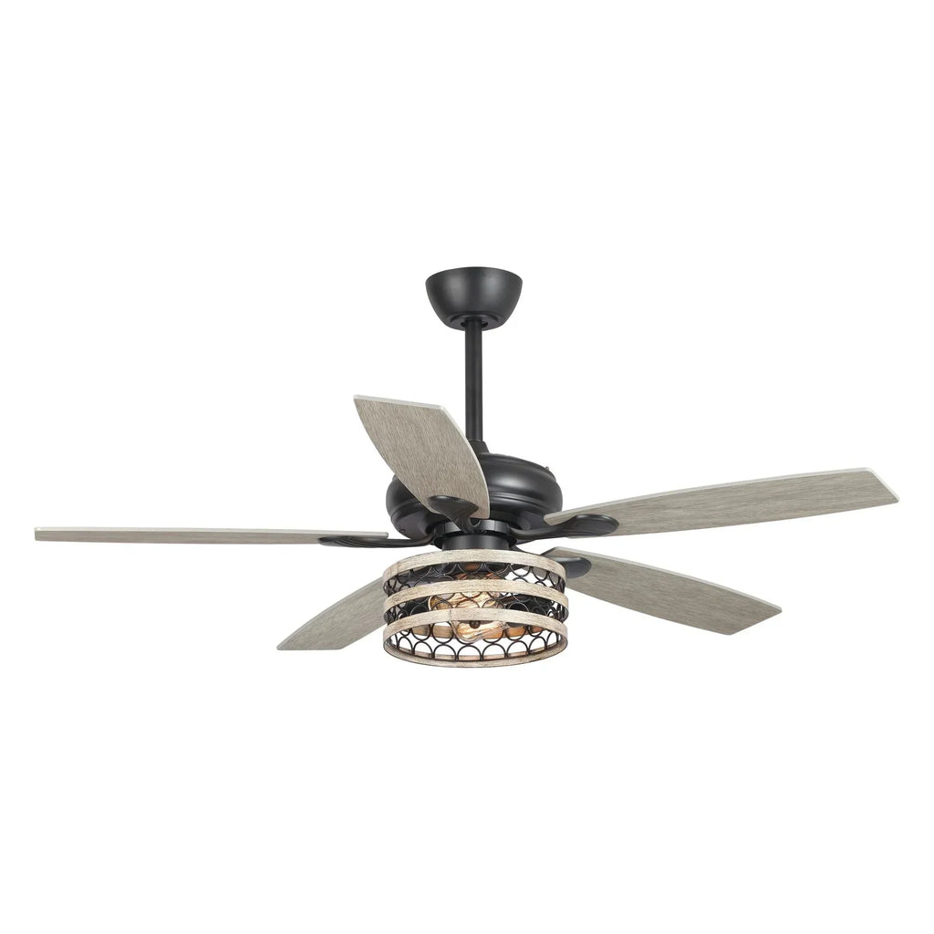 52 Deckenventilator im Landhausstil mit Treibholzoptik, 5 schwarzen Flügeln, Käfigdesign und Fernbedienung