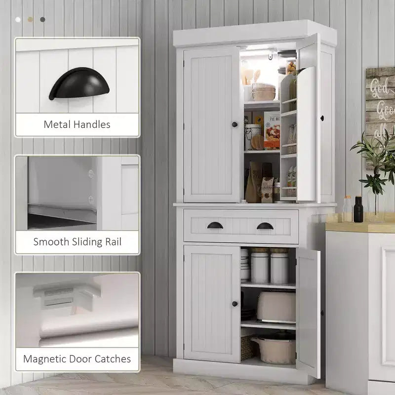 Credenza dispensa da cucina da 71 con luci LED, 6 ripiani sulle ante, un cassetto e 4 ripiani regolabili