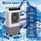 Luftkühler, Verdunstungsluftkühler mit Wassertank, 4 Kühlakkus, 3 Geschwindigkeitsstufen, 120°-Oszillation, Fernbedienung und 12-Stunden-Timer, 150 W, tragbarer Standkühler