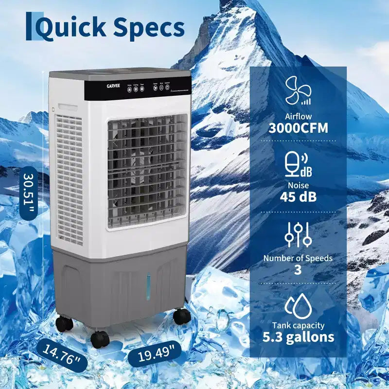 Raffrescatore d'aria evaporativo con serbatoio dell'acqua, 4 piastre refrigeranti, 3 velocità, oscillazione a 120°, telecomando e timer da 12 ore, portatile da pavimento da 150 W