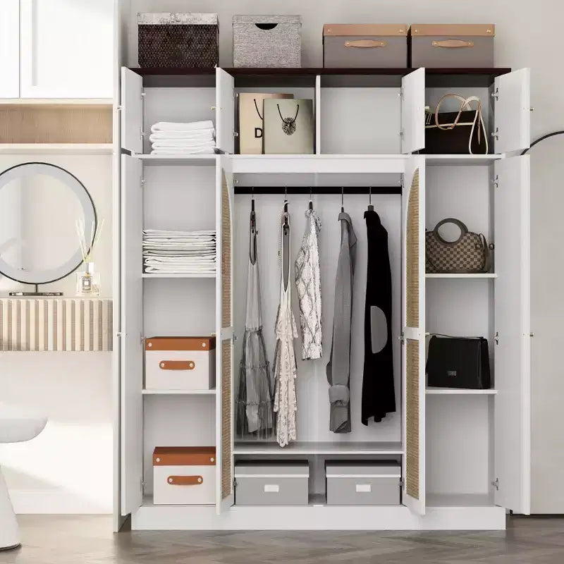 Armario ropero alto de 70,87 pulgadas con 8 puertas y gran capacidad, barra para colgar, estantes ajustables y puertas decorativas de ratán