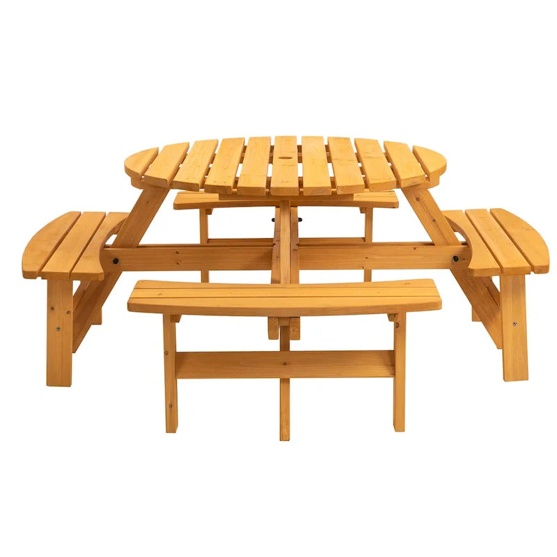 Conjunto de comedor de picnic redondo para patio exterior, de madera de abeto, para 8 personas, con 4 bancos integrados y orificio para sombrilla