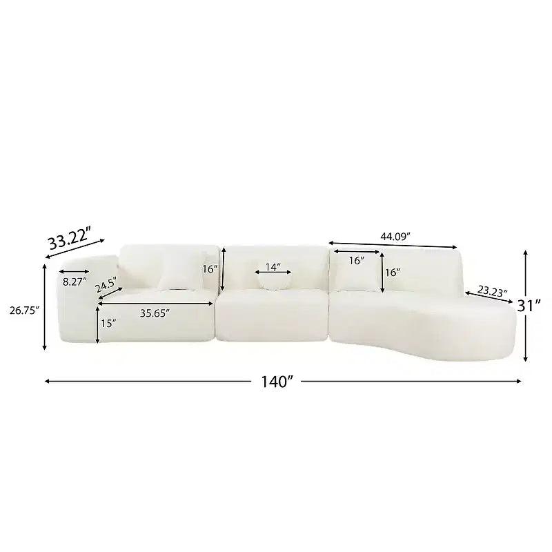 Sofá seccional curvo moderno de 140 pulgadas con chaise longue, conjunto de 3 piezas para la sala de estar