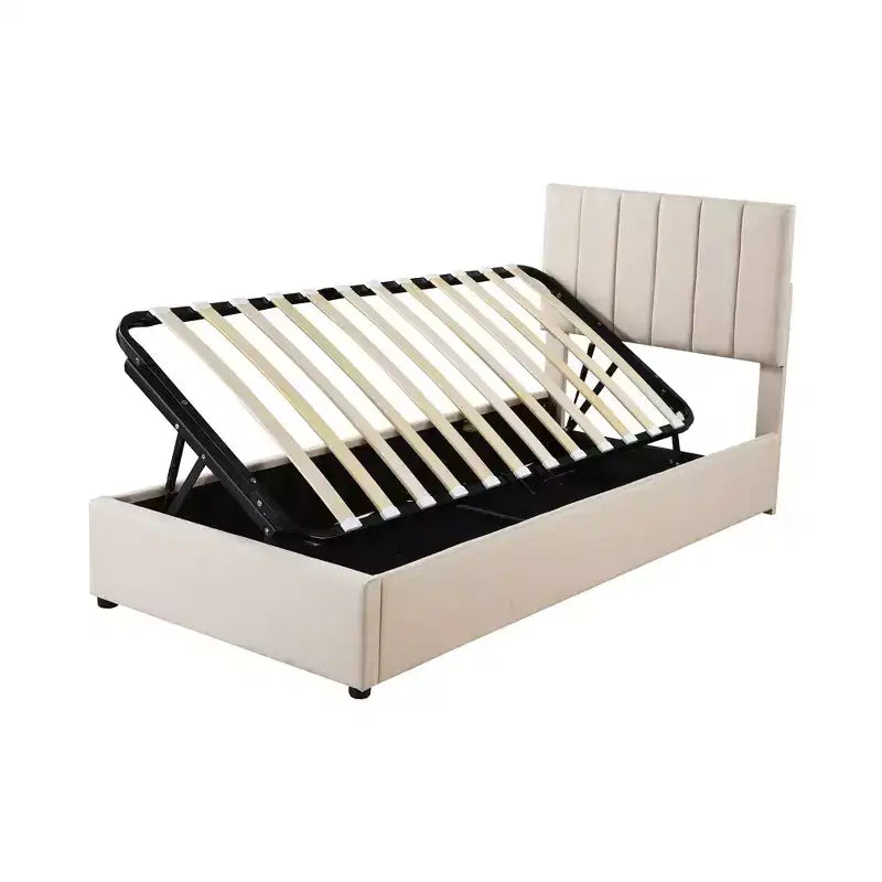 Letto contenitore rialzabile singolo Bellemave, letto a piattaforma imbottito con sistema di contenimento idraulico, testiera a righe verticali, beige