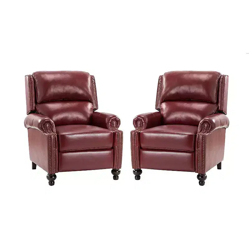 Set di 2 poltrone reclinabili moderne Elisabete con schienale ad ali in vera pelle e borchie decorative vintage per soggiorno e camera da letto| ART OF LIVING DESIGNS