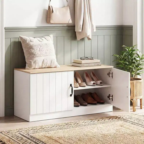 Panca portascarpe a 2 ante con ripiani regolabili e spazio contenitore nascosto, naturale + bianco/bianco5te