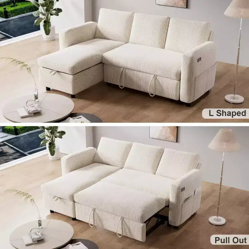 Sofá cama extraíble 2 en 1 Dyonery con chaise longue con almacenamiento, sofá seccional de pana C con puertos USB para sala de estar