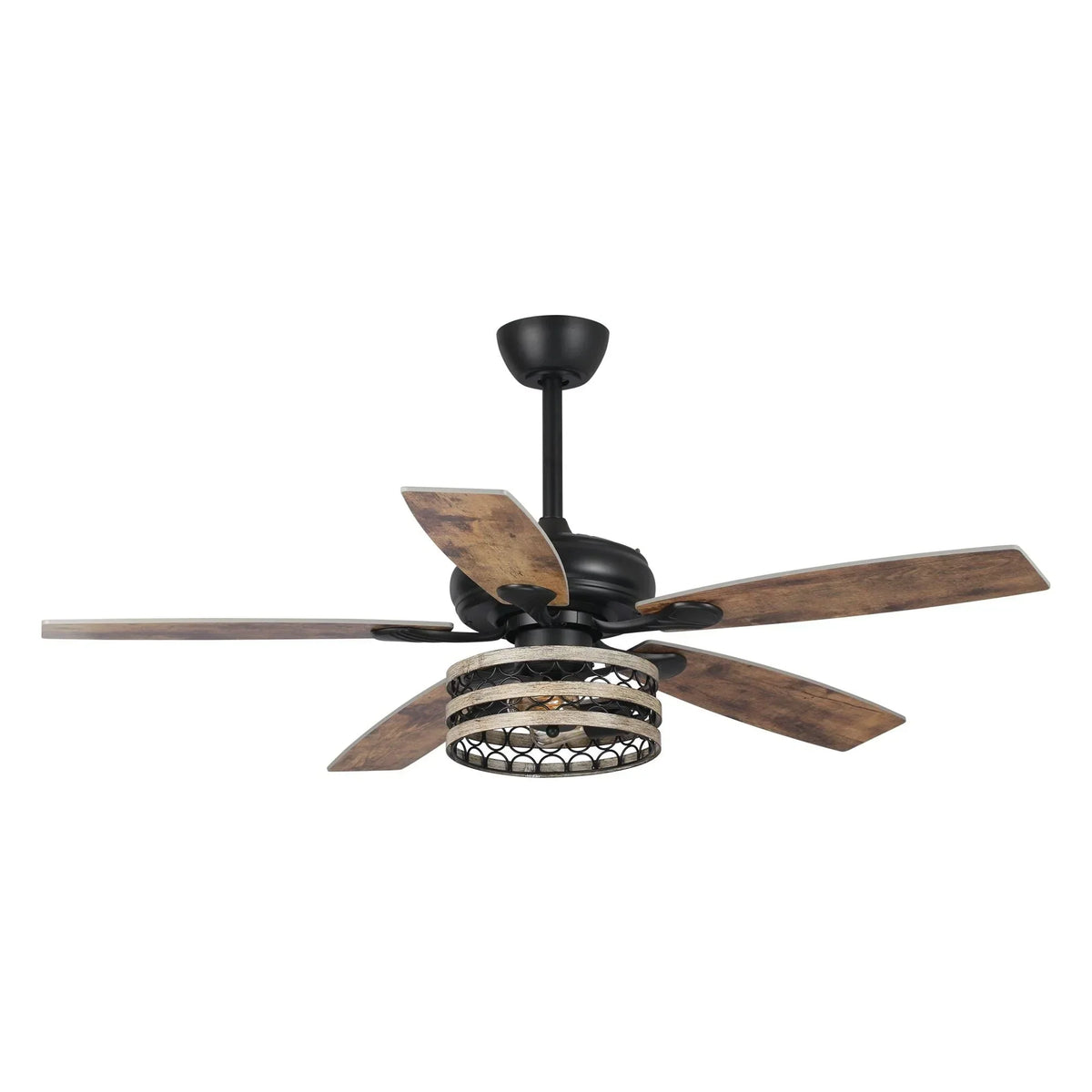 52 Deckenventilator im Landhausstil mit Treibholzoptik, 5 schwarzen Flügeln, Käfigdesign und Fernbedienung