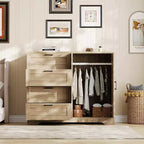 Armario ropero de madera de 43,3 pulgadas de alto con 4 cajones y barra para colgar, gabinete multifuncional de almacenamiento de ropa para dormitorio con cómoda