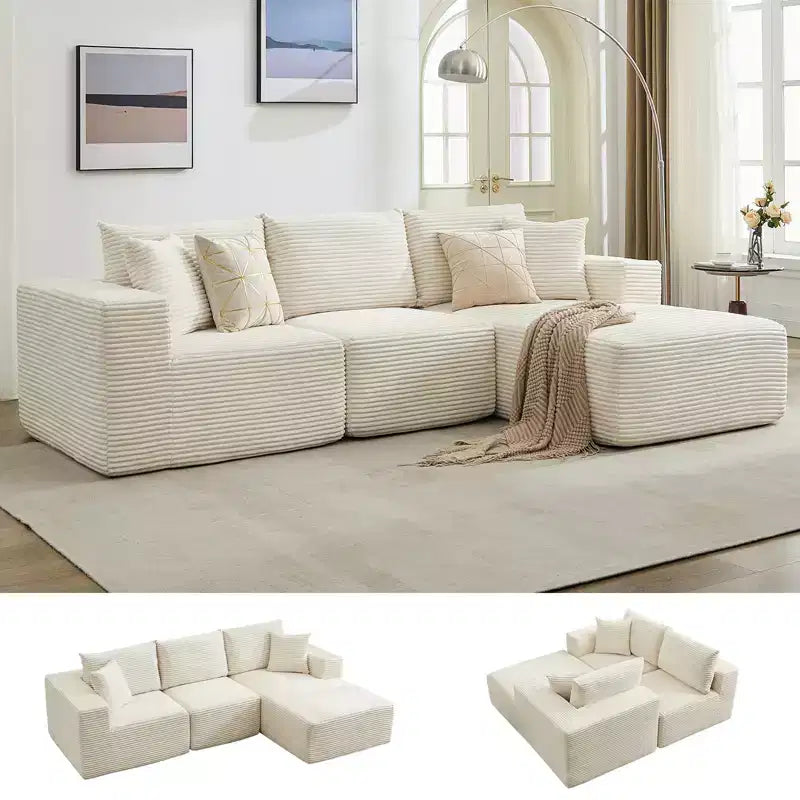 108 modernes Sofa, 3-Sitzer-Sofa in L-Form mit Polsterbezug und Kissen, Sofa mit tiefer Sitzfläche, keine Montage erforderlich