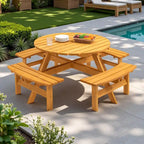 Conjunto de comedor de picnic redondo para patio exterior, de madera de abeto, para 8 personas, con 4 bancos integrados y orificio para sombrilla