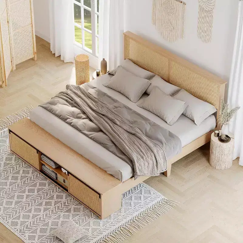 Struttura letto boho rustica in rattan naturale, contenitore con porta scorrevole in stile fienile e testiera con luce LED, gambe di supporto in legno massello.
