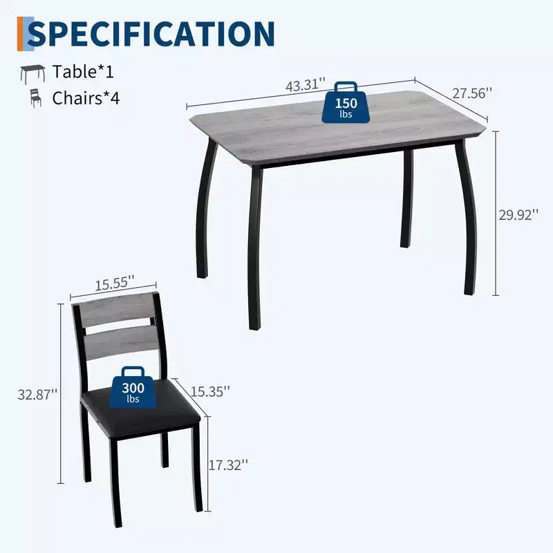 5-teiliges Küchentisch- und Stuhlset mit Metallgestell und abgeschrägtem Design