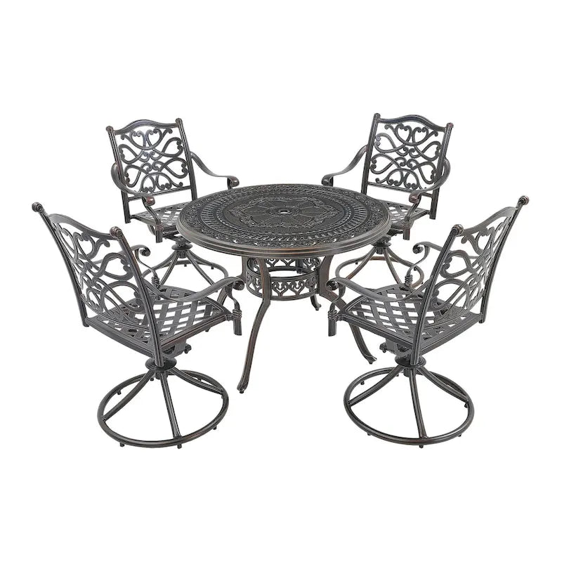 5-delige tuin-eetset van gegoten aluminium met 4 draaibare stoelen