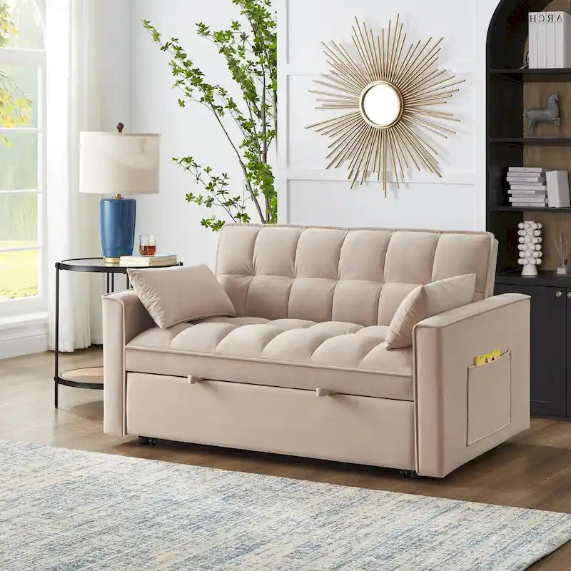 Divano letto loveseat 4 in 1 con braccioli e tasche portaoggetti, divano letto estraibile trapuntato multifunzione con schienale regolabile