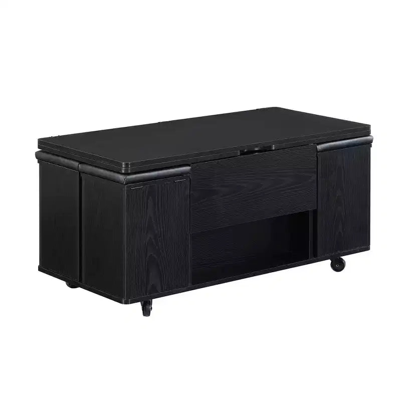 Multifunctionele moderne salontafel met hefbaar blad en verborgen opbergruimte, 4 krukken en zwenkwielen, perfect voor moderne woonruimtes