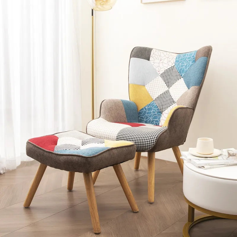 Poltrona d'accento con pouf, set di poltrona e pouf per il soggiorno, comoda poltroncina con braccioli per la camera da letto, rivestimento in tessuto a拼接 creativo