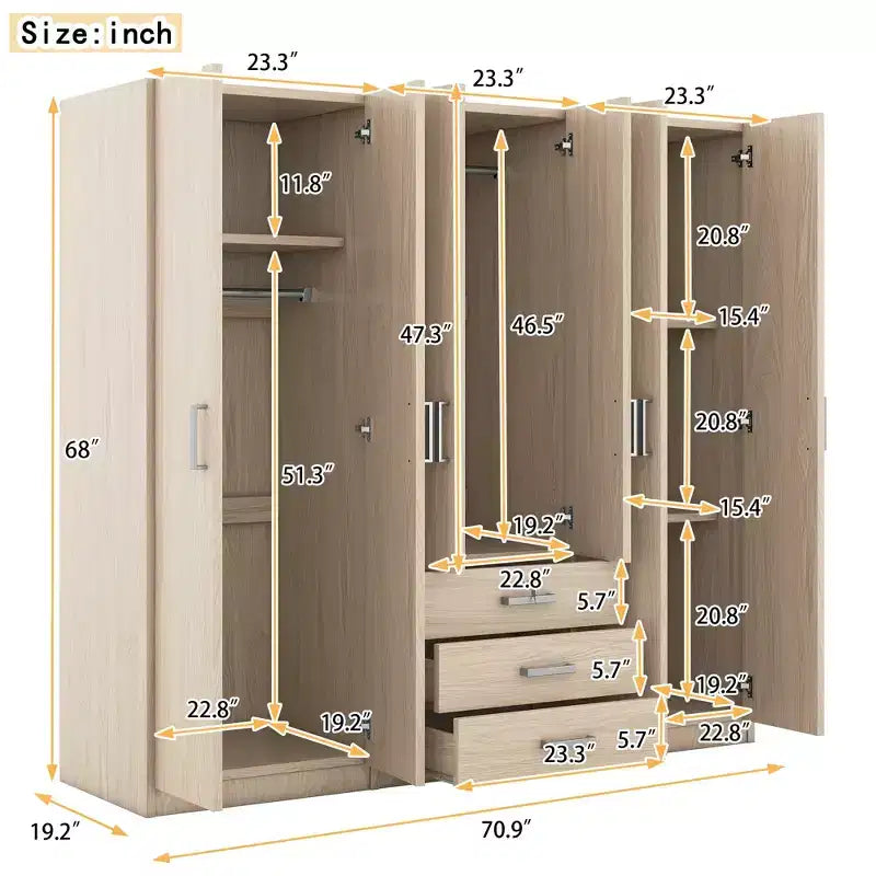 Armario de madera de 6 puertas con cajones para dormitorio