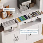 183 cm hoher Kaffeebarschrank im Landhausstil mit LED-Beleuchtung, Küchenbuffet mit Türen und Schublade, verstellbaren Regalböden und geräumigem Stauraum