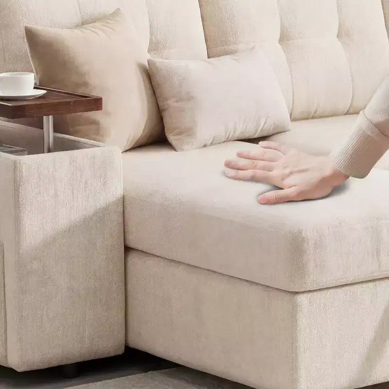 Divano componibile letto modulare Dyonery 112 con letto estraibile, divano componibile a U con contenitore, sedute extra larghe e profonde per il soggiorno
