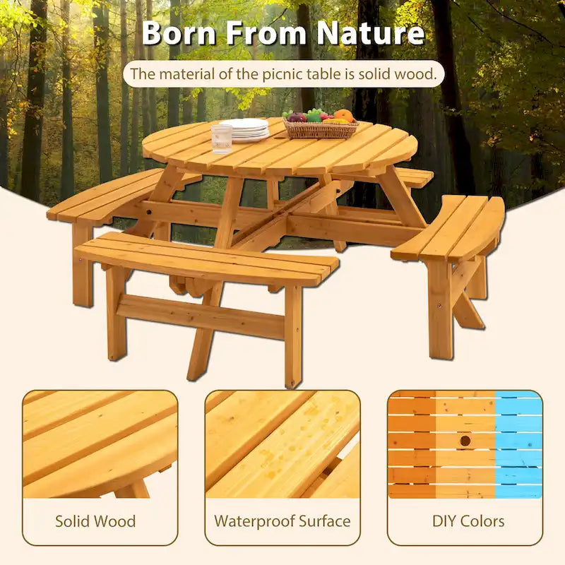 Conjunto de comedor de picnic redondo para patio exterior, de madera de abeto, para 8 personas, con 4 bancos integrados y orificio para sombrilla