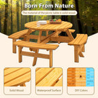 Conjunto de comedor de picnic redondo para patio exterior, de madera de abeto, para 8 personas, con 4 bancos integrados y orificio para sombrilla