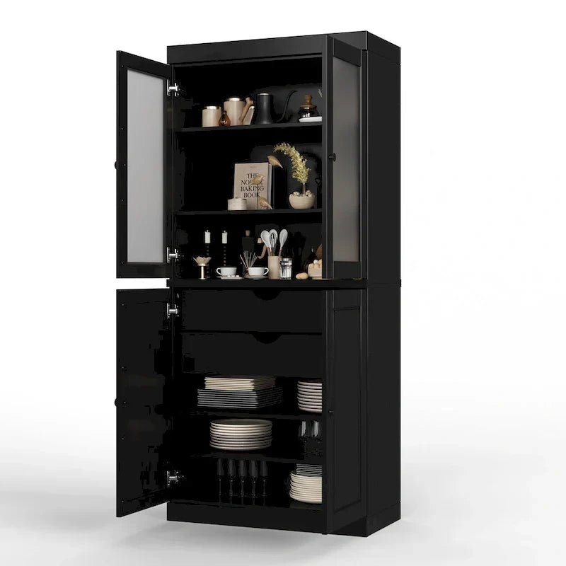 Armario despensa 100 % de madera maciza con puertas de vidrio esmerilado, puertas sólidas, 2 cajones y estantes ajustables