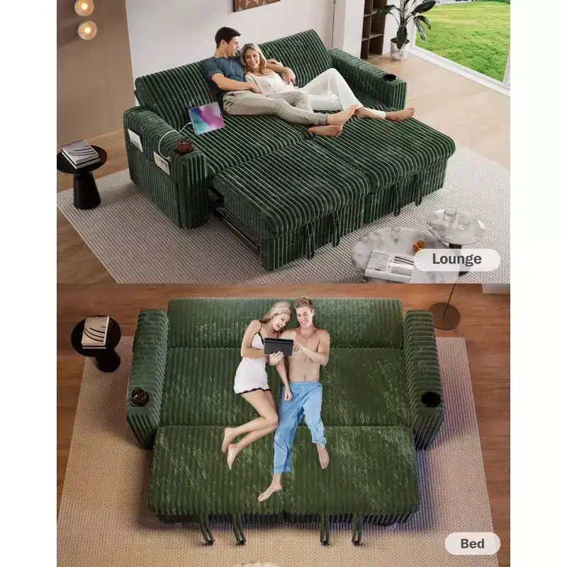 Dyonery 91 Eckschlafsofa mit ausziehbarem Bett, verstellbarer Rückenlehne, zwei ausziehbaren Betten, USB-Anschlüssen und Getränkehaltern, weicher Cordbezug