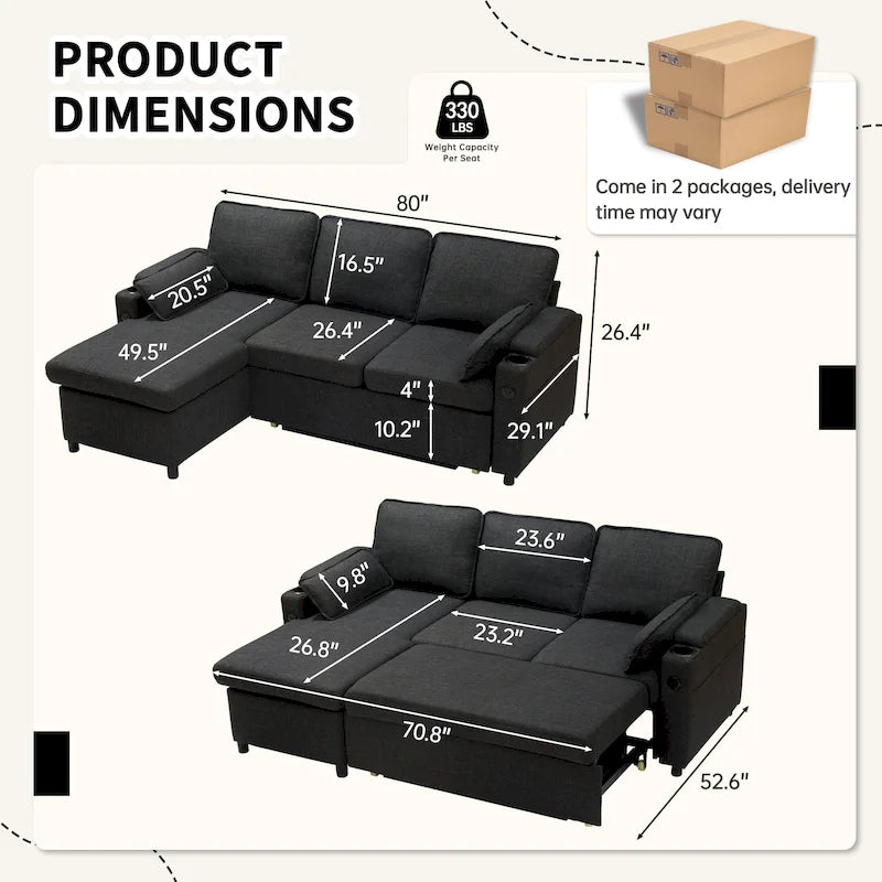 80 L-förmiges Schlafsofa, Schlafsofa mit ausziehbarem Bett, wendbares Schlafsofa