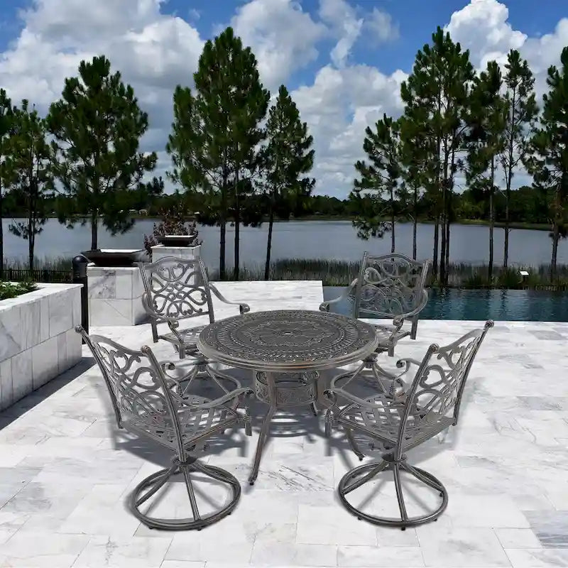 5-teiliges Esszimmer-Set für die Terrasse aus Aluminiumguss mit 4 drehbaren Stühlen