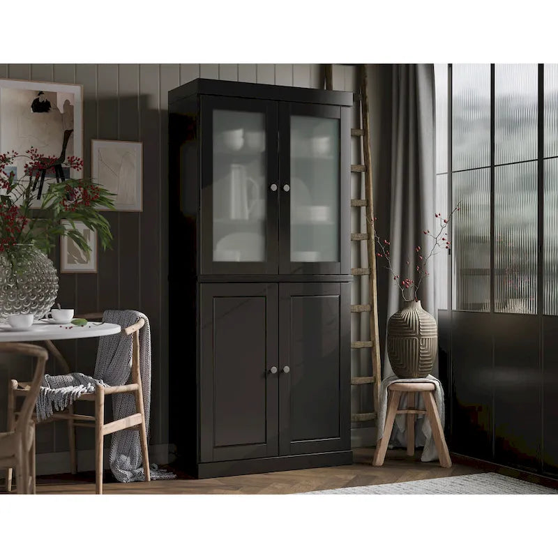 Armario despensa 100 % de madera maciza con puertas de vidrio esmerilado, puertas sólidas, 2 cajones y estantes ajustables