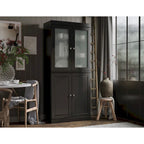 Armario despensa 100 % de madera maciza con puertas de vidrio esmerilado, puertas sólidas, 2 cajones y estantes ajustables