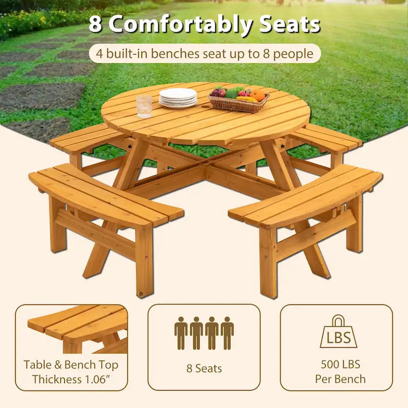 Conjunto de comedor de picnic redondo para patio exterior, de madera de abeto, para 8 personas, con 4 bancos integrados y orificio para sombrilla
