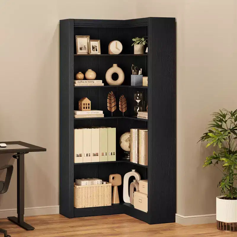 Nero/Bianco/Legno/Retrò, libreria angolare a L, a 5 ripiani, singola