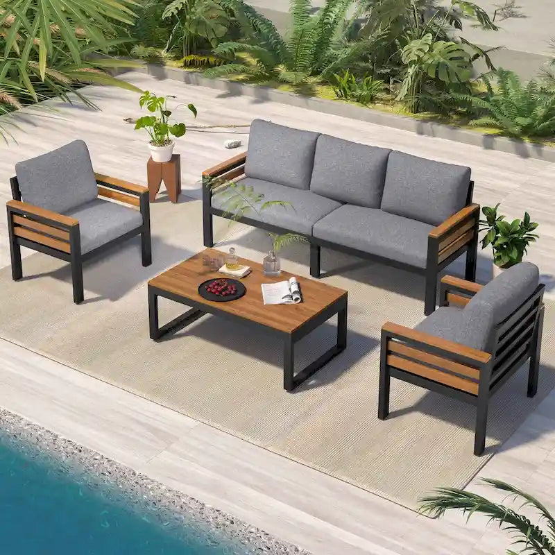 4-teiliges Gartensofaset für 5 Personen mit Couchtisch aus Massivholz und abnehmbaren Kissen