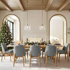 Set da pranzo composto da 9 pezzi per 8 persone, tavolo allungabile con base a cavalletto e sedie imbottite con gambe in legno massello-Panipeachy