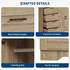 Armario ropero de madera de 43,3 pulgadas de alto con 4 cajones y barra para colgar, gabinete multifuncional de almacenamiento de ropa para dormitorio con cómoda