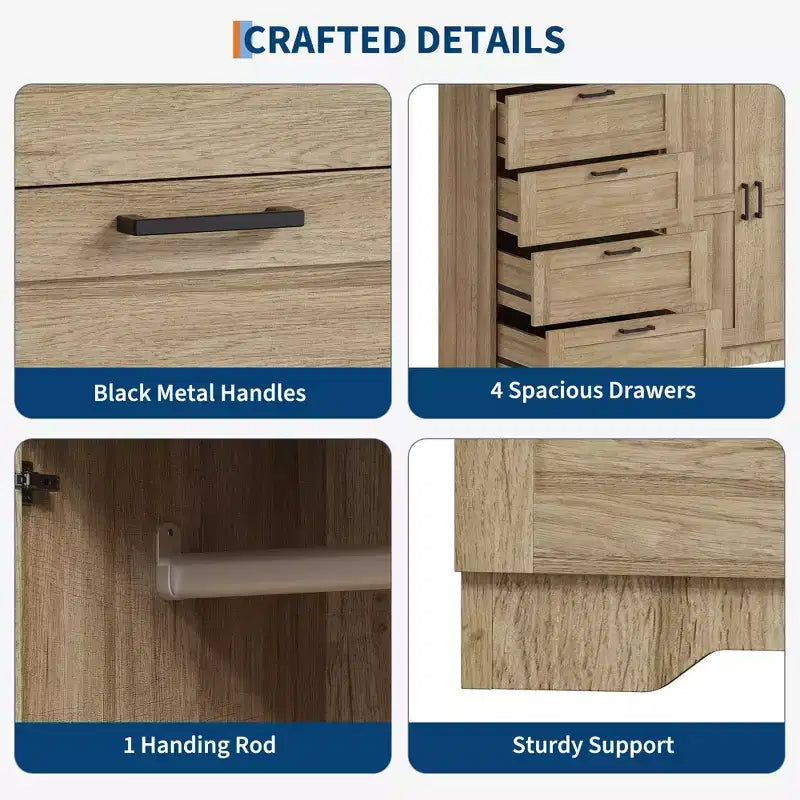 43,3 Zoll hoher Kleiderschrank aus Holz mit 4 Schubladen und Kleiderstange, multifunktionaler Aufbewahrungsschrank und Kommode für Kleidung im Schlafzimmer