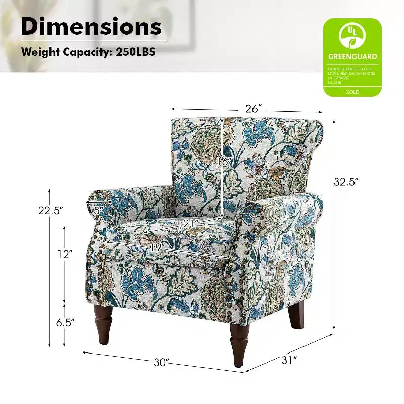 Araceli traditionele houten bloemenfauteuil met bekleding, hoge rugleuning en sierspijkerrand| ART OF LIVING DESIGNS