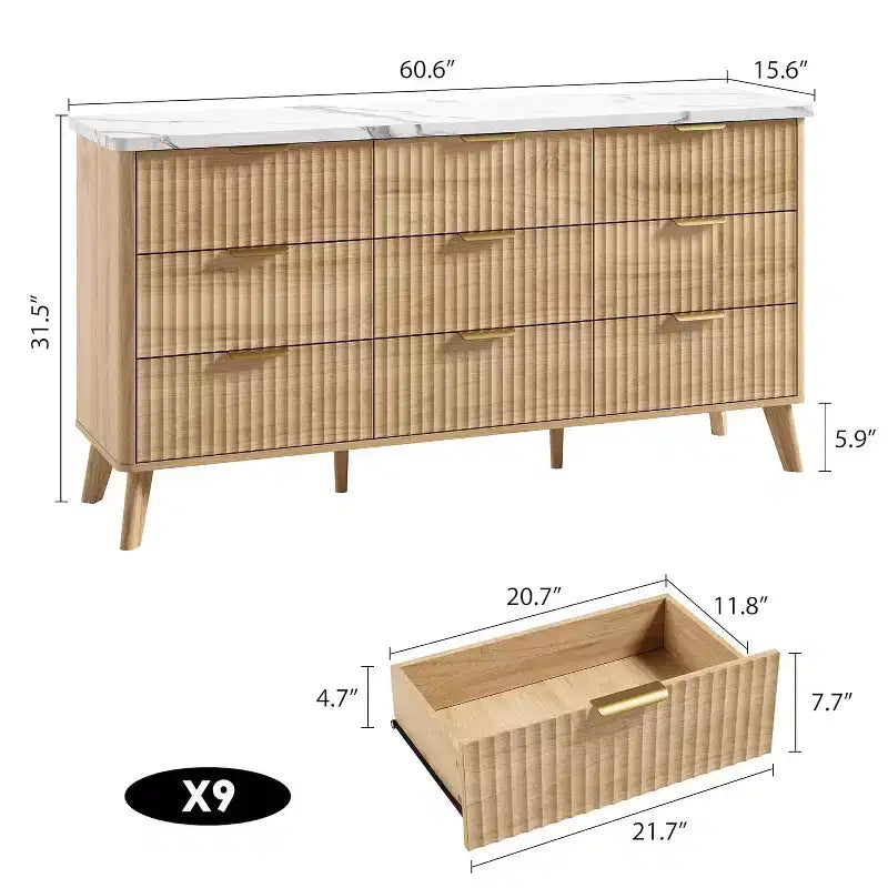 Kommode mit 9 geriffelten Schubladen, moderne Truhe, TV-Möbel aus Holz mit geschwungenem Profil für Wohnzimmer und Flur