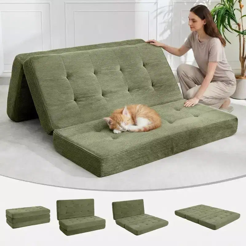Matelas pliable en trois parties de 15 cm SunnyFurn, canapé-lit, 190,5 x 137,9 cm, lit d’appoint pliable en mousse avec velours côtelé matelassé, portable pour le camping, le salon ou la chambre