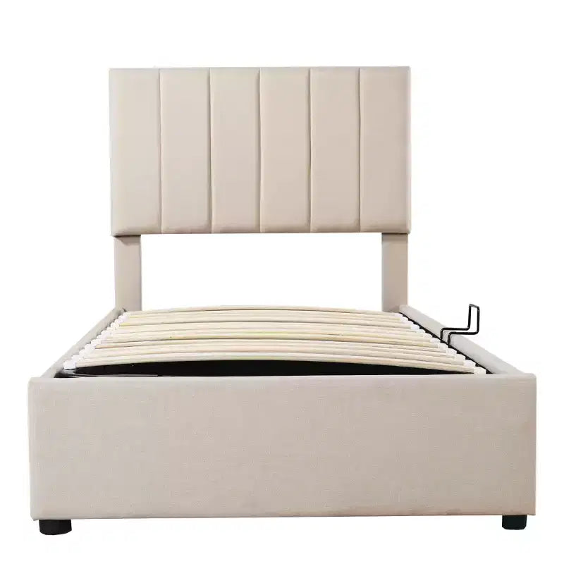 Letto contenitore rialzabile singolo Bellemave, letto a piattaforma imbottito con sistema di contenimento idraulico, testiera a righe verticali, beige