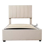 Letto contenitore rialzabile singolo Bellemave, letto a piattaforma imbottito con sistema di contenimento idraulico, testiera a righe verticali, beige