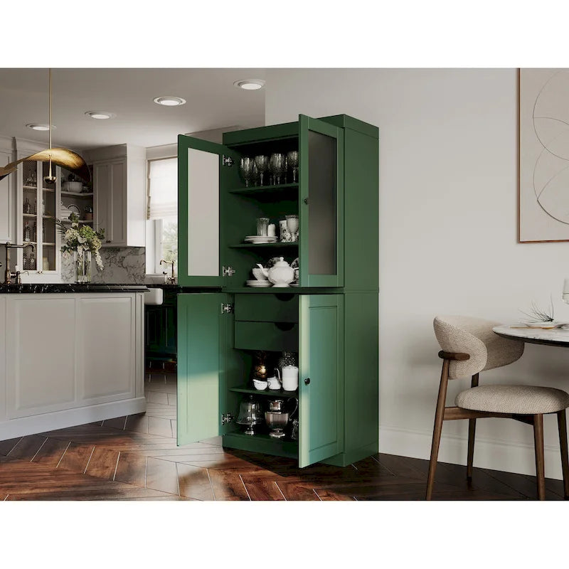 Armario despensa 100 % de madera maciza con puertas de vidrio esmerilado, puertas sólidas, 2 cajones y estantes ajustables